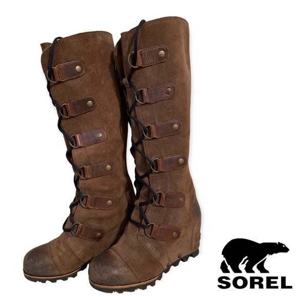 Sorel Joan Of Arctic Wedge Tall Leather Boots Lace Up EUC Size - 6 - Picture 2 of 9